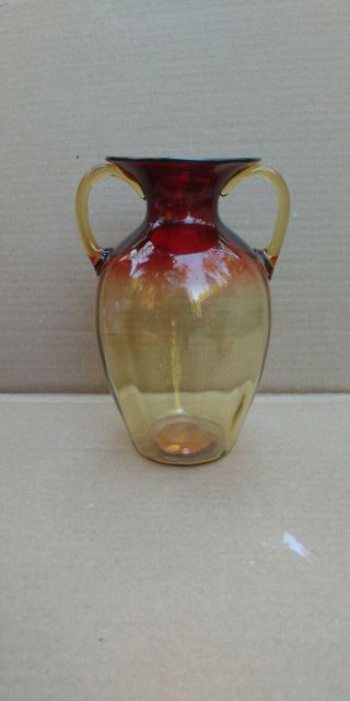 Vintage Signed Libbey Amberina Bulbous Handled Art Glass Vase Large