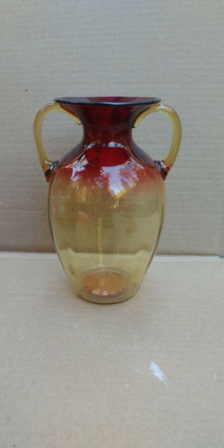 Vintage Signed Libbey Amberina Bulbous Handled Art Glass Vase Large 4
