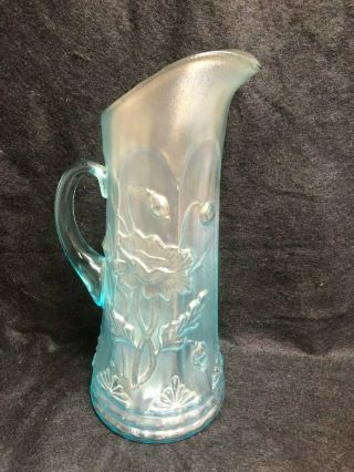 Rare Northwood Carnival Glass Ice Blue Poppy Pitcher 3