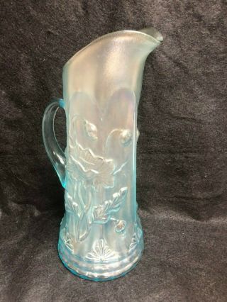 Rare Northwood Carnival Glass Ice Blue Poppy Pitcher 6