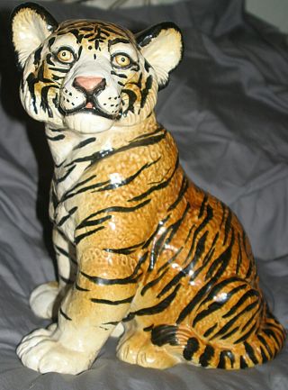 Vintage Hand Crafted Painted Italian Ceramic Majolica Life Size Tiger Cub Statue