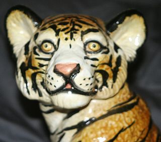Vintage Hand Crafted Painted Italian Ceramic Majolica Life Size Tiger Cub Statue 2