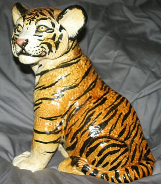 Vintage Hand Crafted Painted Italian Ceramic Majolica Life Size Tiger Cub Statue 3