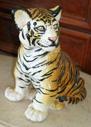 Vintage Hand Crafted Painted Italian Ceramic Majolica Life Size Tiger Cub Statue 6