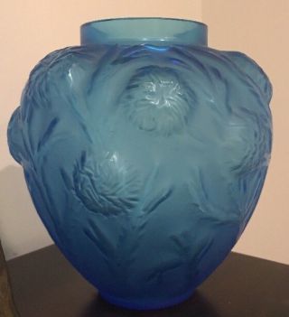 Sabino France Art Glass Blue Vase Flowers Signed Rare 7.  25”