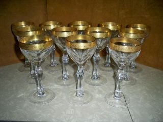 Antique Set Of 12 Moser Czech Glass 7.  25 Inch Wine Glasses With Etched Gold Rim