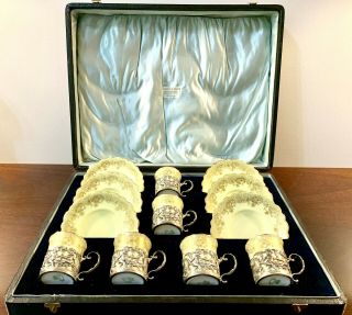 Antique Aynsley Fine Porcelain Coffee Set For 6 With Sterling Silver Holders
