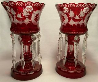 Antique Pair 19th C.  Bohemian Ruby Cut To Clear Glass Mantle Lustres W/ Prisms