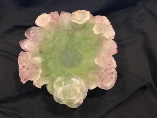 Daum France Pate De Verre Art Nouveau Pink Rose Leaf Glass Dish Bowl