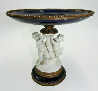 Antique French Sevres Style Centerpiece,  Cobalt Blue Bisque Porcelain,  Bronze