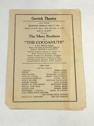 Marx Brothers Cocoanuts Vintage 1927 Theater Program Garrick Theater Chicago