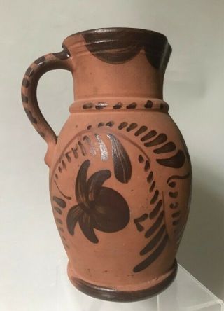 Rare Antique Tanware Decorated Pottery Pitcher,  Geneva,  Pa,  C.  1880s -