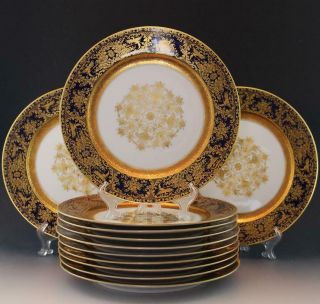 Rosenthal Set Of 12 Dinner Plates Cobalt Blue Heavy Gold Encrusted Birds & Fruit