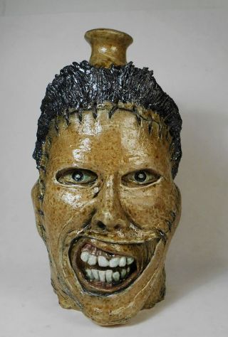 Folk Art Pottery Leatherface Face Jug By Vonderhey