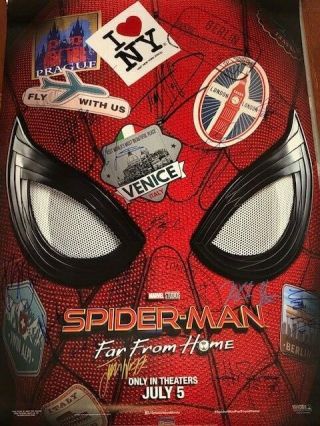 Spider - Man Far From Home Ds Movie Poster Cast Signed Premiere Tom Holland Marvel