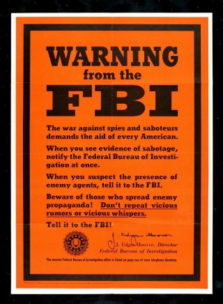 Fbi ✯ Warning Propaganda 1943 Poster Ww2 Red Spy Usa Cia Nsa Hoover