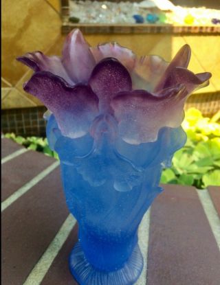 Daum Pate De Verre 9” T Amethyst Purple Blue Orchid Crystal Vase
