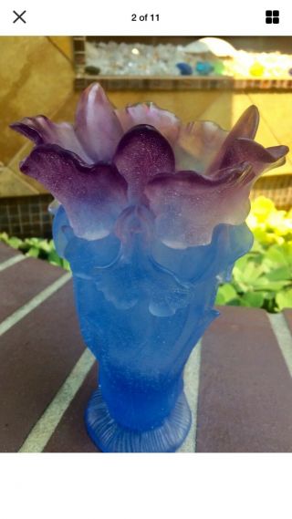 DAUM Pate de Verre 9” T Amethyst Purple Blue ORCHID Crystal Vase 4