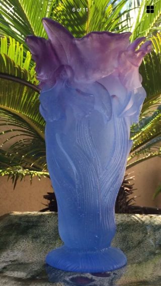 DAUM Pate de Verre 9” T Amethyst Purple Blue ORCHID Crystal Vase 5