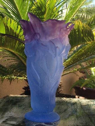 DAUM Pate de Verre 9” T Amethyst Purple Blue ORCHID Crystal Vase 7