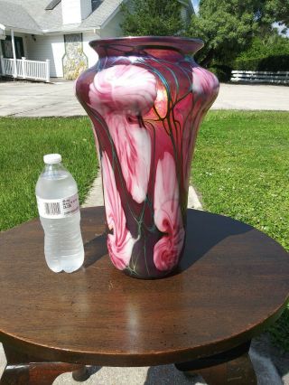 John Lotton Art Glass Vase 14.  25in. ,  Pink Ground Cased Iridescent,  Signed,  1994