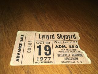 Rare Lynyrd Skynyrd Authentic 10/19/77 Final Show Ticket Crash Greenville,  Nc