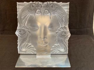 Lalique Masque De Femme Frosted Crystal Sculpture 12.  75” Sq Stand Perft