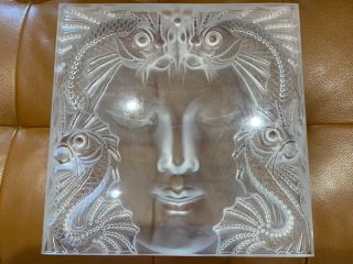 Lalique Masque De Femme frosted crystal sculpture 12.  75” sq stand PERFT 7