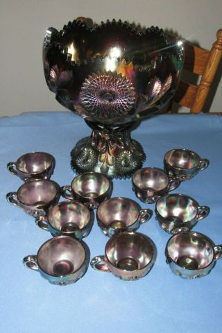 Vintage Millersburg Carnival Glass Punch Bowl,  11 Cups,  Amethyst Hobstar & Feather
