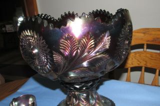 Vintage Millersburg Carnival Glass Punch Bowl,  11 Cups,  Amethyst Hobstar & Feather 3