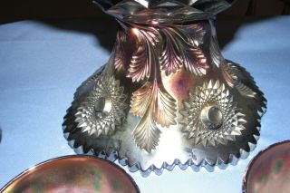 Vintage Millersburg Carnival Glass Punch Bowl,  11 Cups,  Amethyst Hobstar & Feather 4