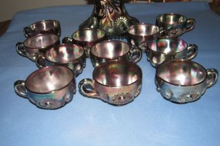 Vintage Millersburg Carnival Glass Punch Bowl,  11 Cups,  Amethyst Hobstar & Feather 5