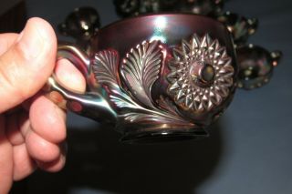 Vintage Millersburg Carnival Glass Punch Bowl,  11 Cups,  Amethyst Hobstar & Feather 7