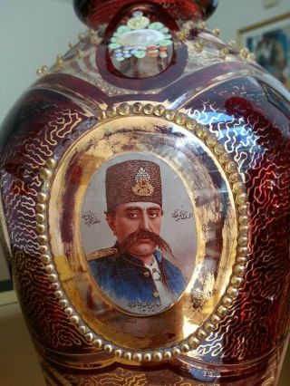 Bohemian Persian Qajar Mozafardin Shah,  21 1/2 x7.  5 inch decanter pair 4