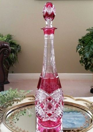 Vintage Val St Lambert Cranberry Cut To Clear Crystal Decanter Signed,