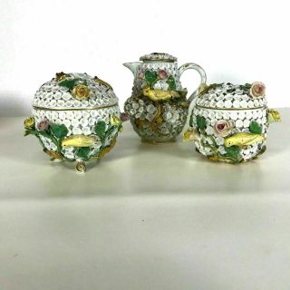 1820 - 1860 Antique Meissen Schneeballen Miniature Snowball Porcelain 3pc Tea Set