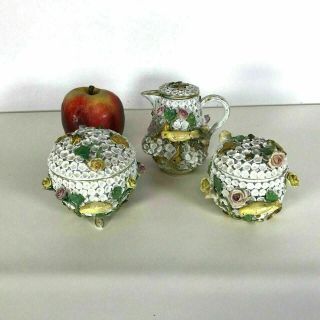 1820 - 1860 Antique Meissen Schneeballen Miniature Snowball Porcelain 3pc Tea Set 2