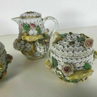 1820 - 1860 Antique Meissen Schneeballen Miniature Snowball Porcelain 3pc Tea Set 4