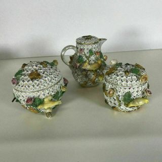 1820 - 1860 Antique Meissen Schneeballen Miniature Snowball Porcelain 3pc Tea Set 6