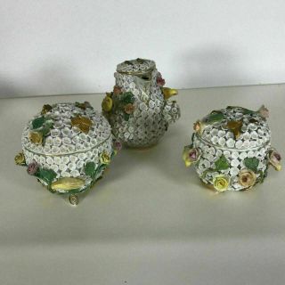 1820 - 1860 Antique Meissen Schneeballen Miniature Snowball Porcelain 3pc Tea Set 7