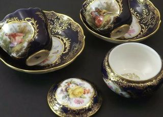 Antiques Meissen porcelain Cobalt Blue Watteau Gold Gilded 2 Set Cups W Sugar 11