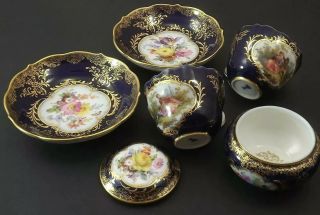 Antiques Meissen porcelain Cobalt Blue Watteau Gold Gilded 2 Set Cups W Sugar 5