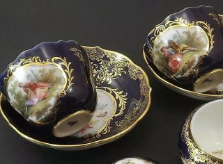 Antiques Meissen porcelain Cobalt Blue Watteau Gold Gilded 2 Set Cups W Sugar 7