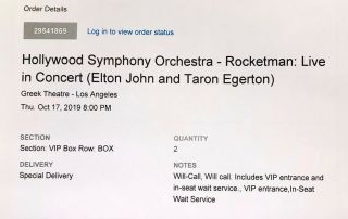 Two Vip Box Tickets To " Rocketman: Live In Concert (elton John),  " 10/17/2019