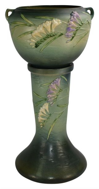 Roseville Pottery Freesia Green Ceramic Jardiniere And Pedestal 669 - 8