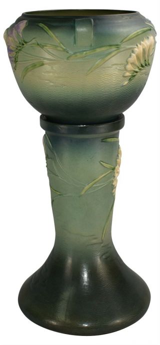 Roseville Pottery Freesia Green Ceramic Jardiniere And Pedestal 669 - 8 2