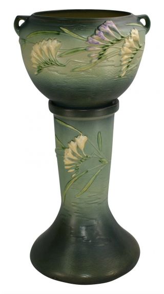 Roseville Pottery Freesia Green Ceramic Jardiniere And Pedestal 669 - 8 3