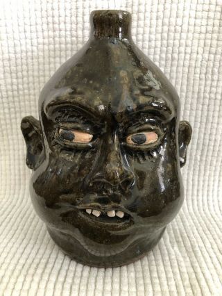 Rare Lanier Meaders Face Jug Pottery With Red Eyes " Tobacco Spit & Salt Glaze "