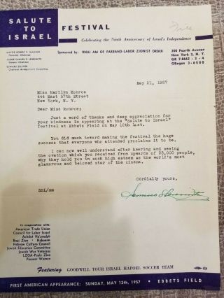 A Letter To Marilyn Monroe Thanking Her For Participating In Celebrate Israel