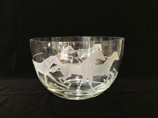Rare Townsend Glass Art Crystal Etched Horses Huge Bowl,  Signed 12 " D X 7 1/2 " H